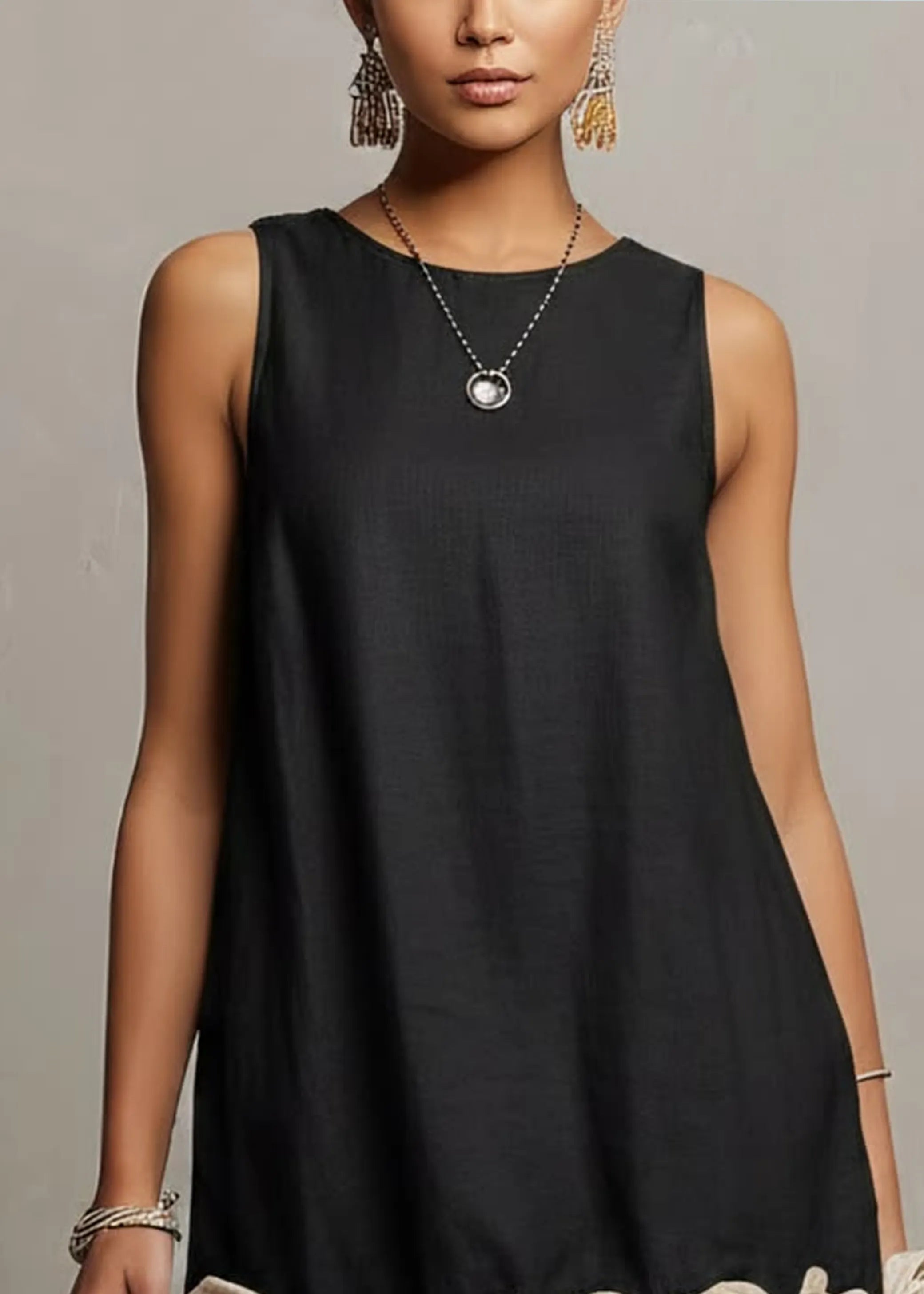 Black Sleeveless 3D Flower Detail Loose Mini Dress