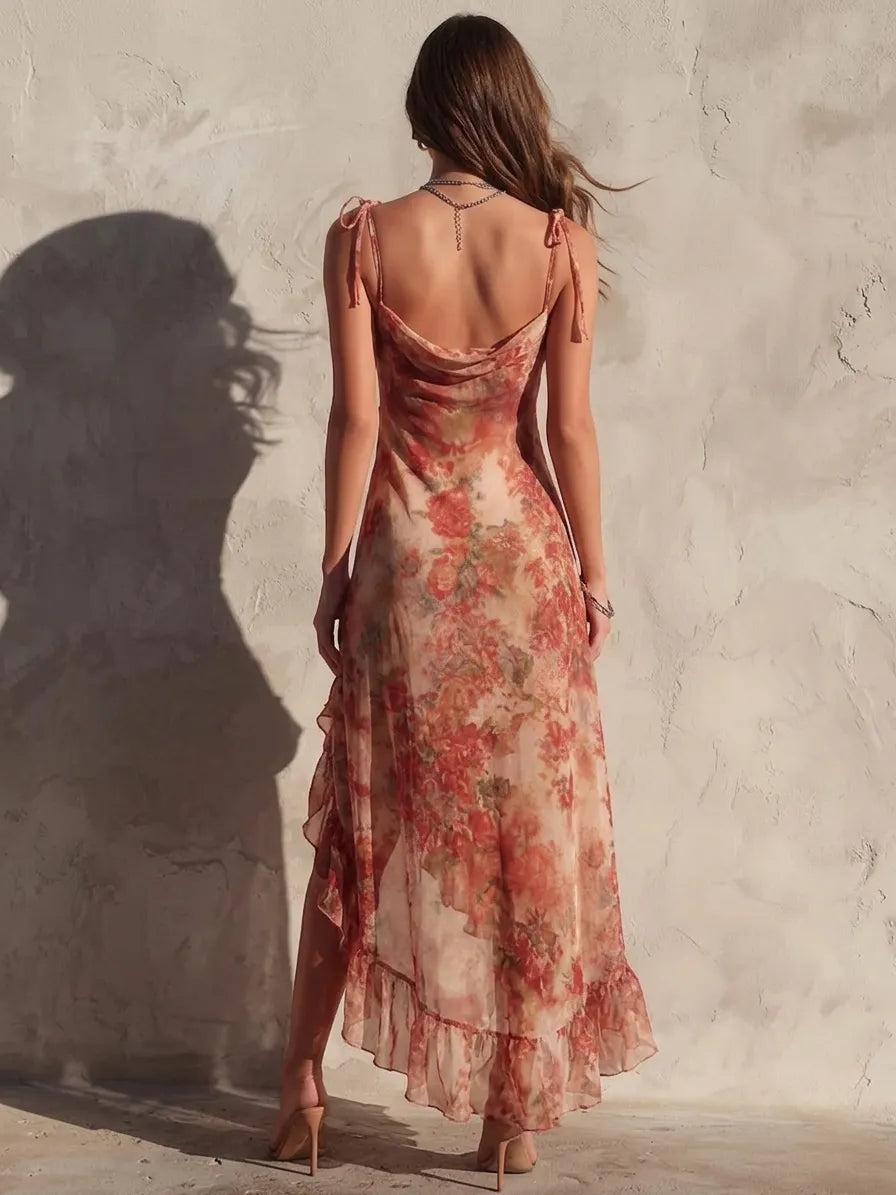Brick Red Rose Print Chiffon Asymmetrical Suspender Maxi Dress