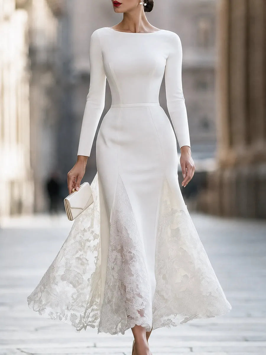 Elegant Long Sleeve Lace Splicing Mermaid Maxi Dress