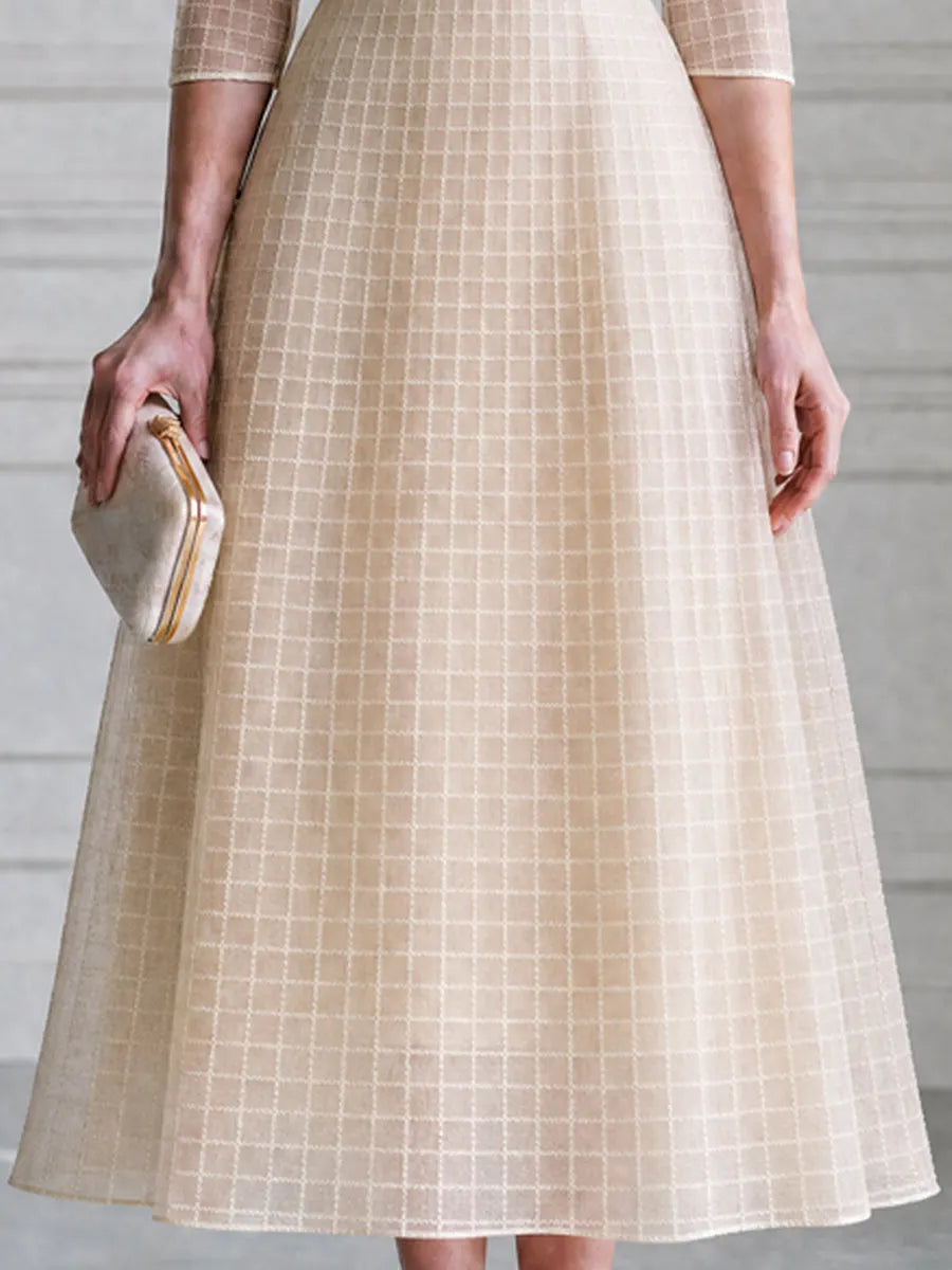Boat-Neck Grid-Texture 3/4 Sleeve A-Line Midi Dress