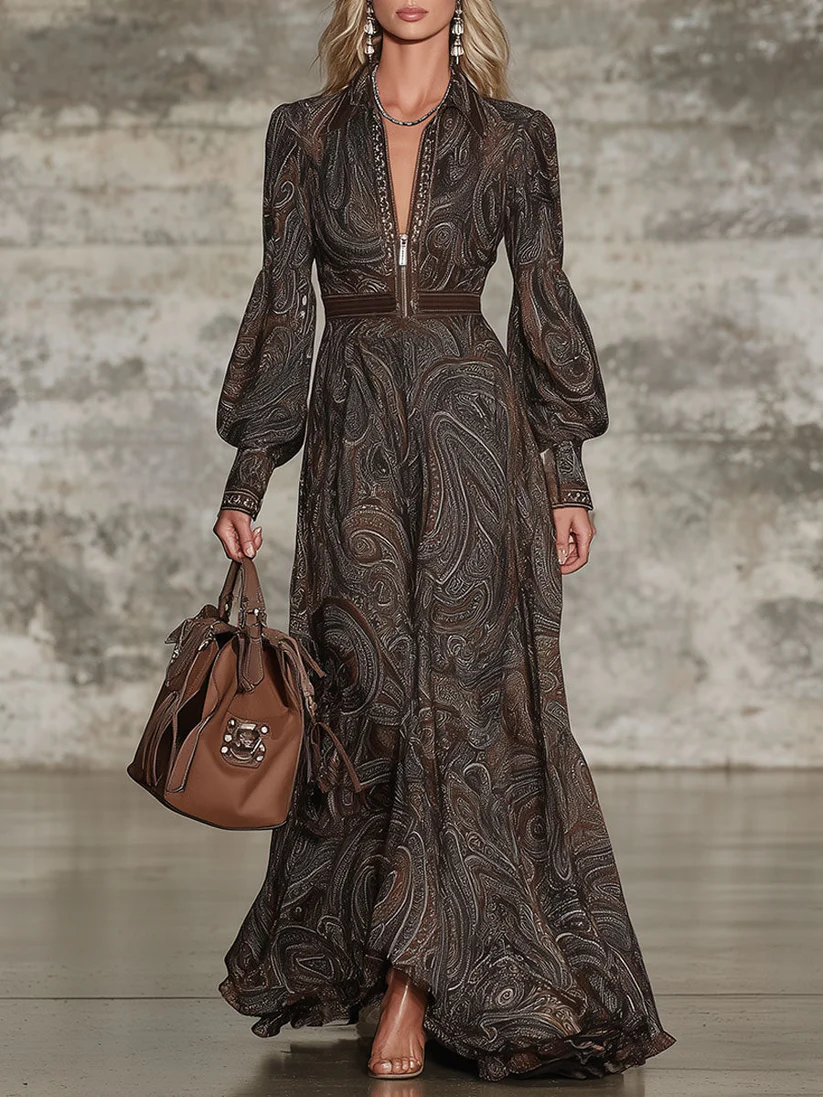 Elegant Vintage Paisley Zip Maxi Dress