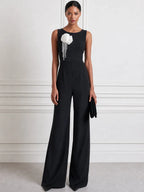 3D Rosette Pearl Tassel Sleeveless Bateau-Neck Wide-Leg Jumpsuit