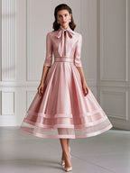 Bow-Tie Neck Satin Sheer Hem A-Line Midi Dress