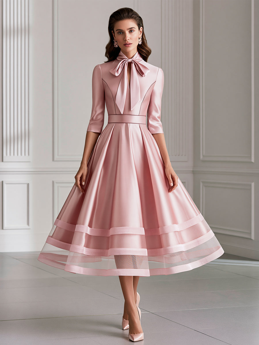 Bow-Tie Neck Satin Sheer Hem A-Line Midi Dress