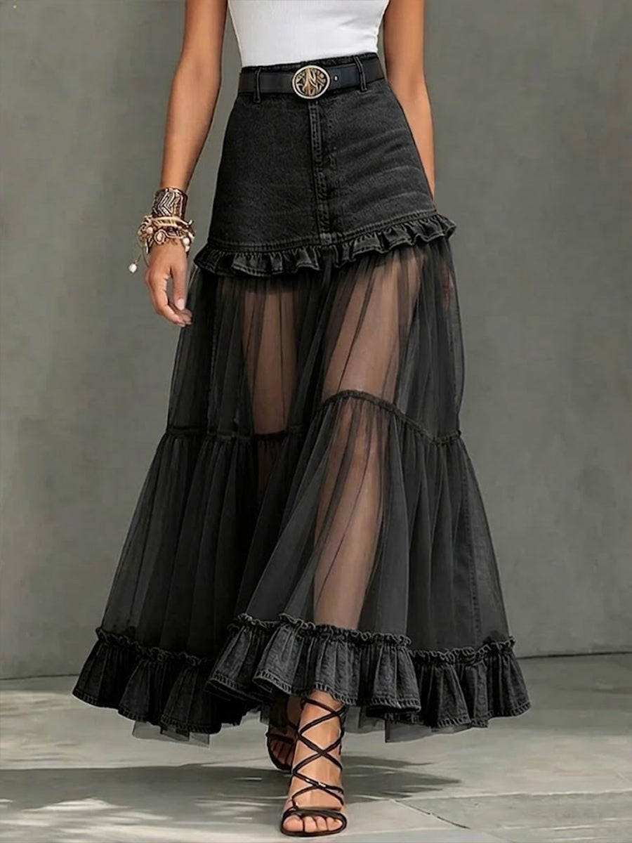 Casual Denim-paneled Chiffon Ruffled Skirt