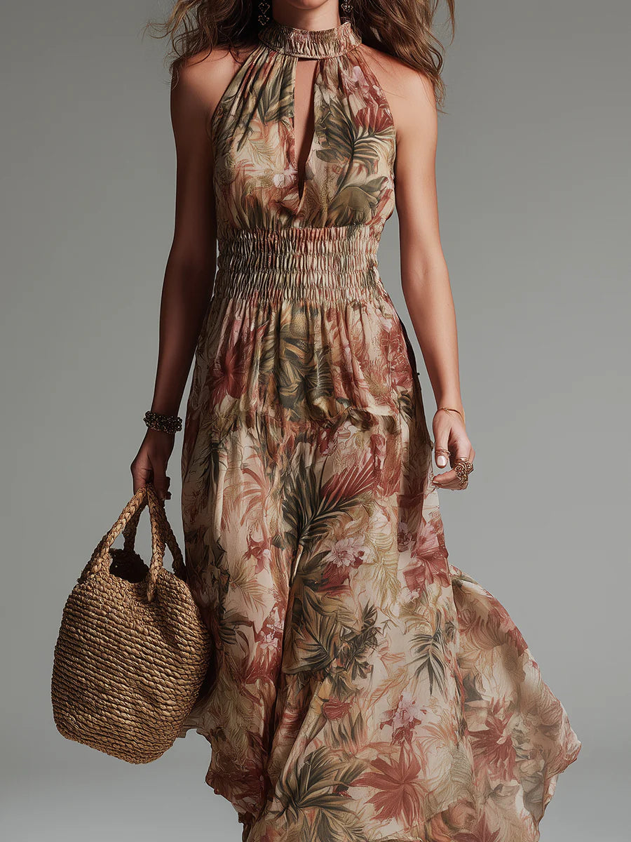 Tropical Rainforest Print Keyhole Waist-cinching Maxi Dress