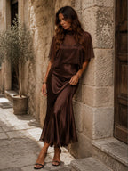 Brown Chiffon Blouse And Satin Midi Dress Two-piece Set