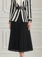 Black White Vertical Stripe Tailored Blazer & Pleated Midi Skirt Two-Piece Suit Set