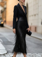 Tailored Blazer Bodice Sequin Fringe Midi Dress