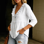 Casual Linen Ruffle Collar Shirt