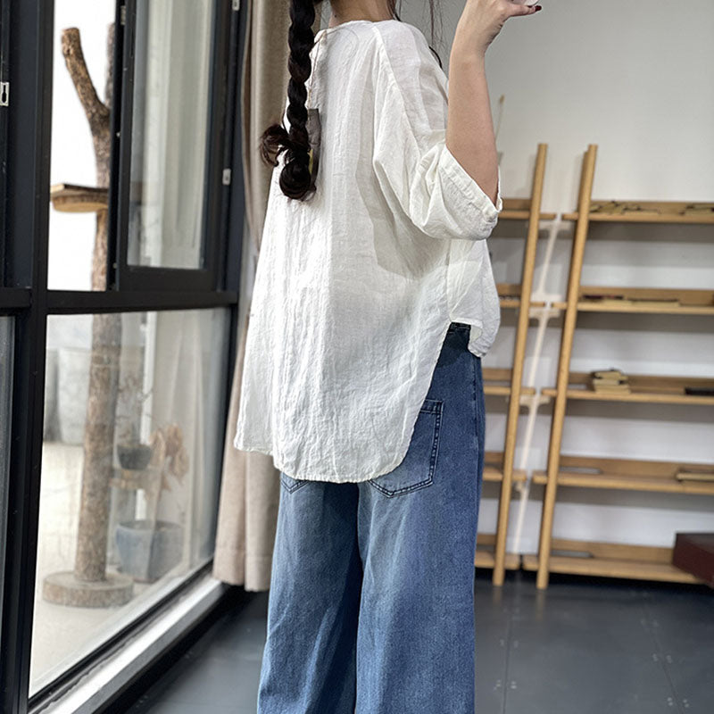 Vintage Plain Crew Neck Button Cotton Linen Casual Shirt