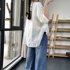 Vintage Plain Crew Neck Button Cotton Linen Casual Shirt