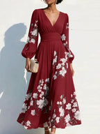 Romantic Floral Print V-neck Midi Dress