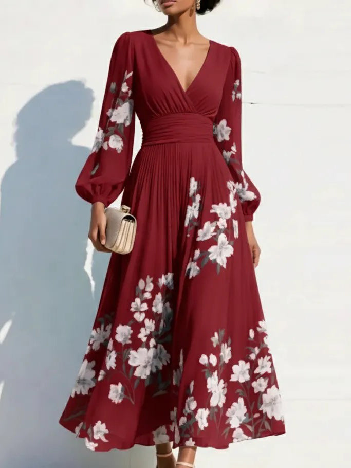 Romantic Floral Print V-neck Midi Dress