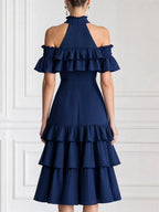 Elegant Cold Shoulder Smocked Ruffle Layered Cake Midi Dress