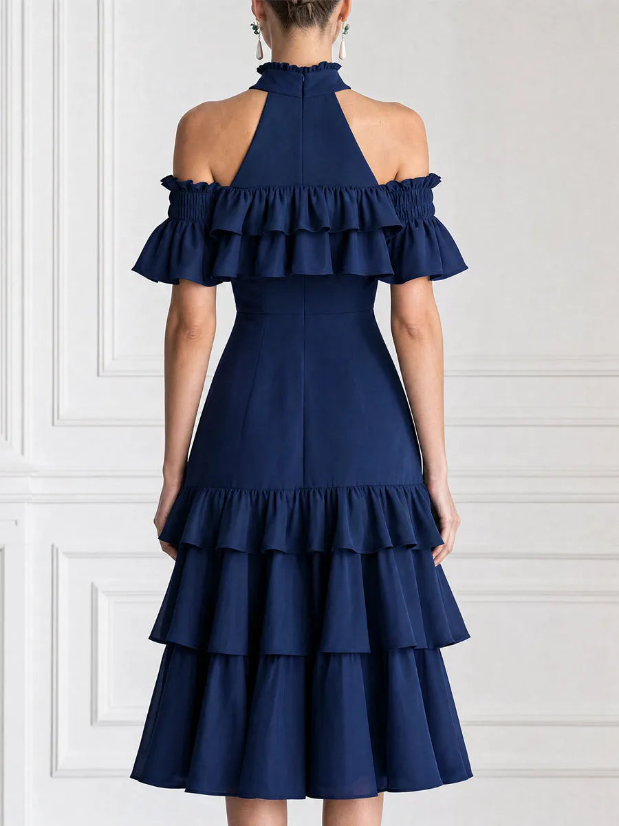 Elegant Cold Shoulder Smocked Ruffle Layered Cake Midi Dress