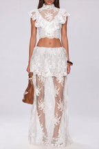 Fergal Lace Ruffle Floral Skirt Set  In White