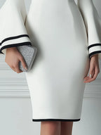 Boat-Neck Contrast-Trim Bell-Sleeve Bodycon Midi Dress