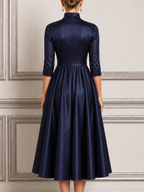Navy Dress Fall Wedding Guest Dress Satin Mock Neck A-Line Midi Dress
