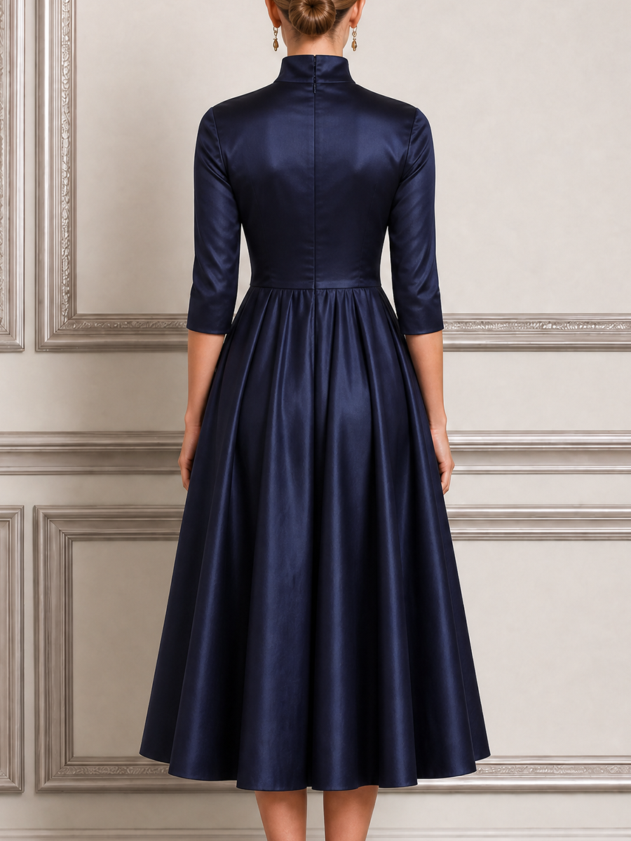 Navy Dress Fall Wedding Guest Dress Satin Mock Neck A-Line Midi Dress