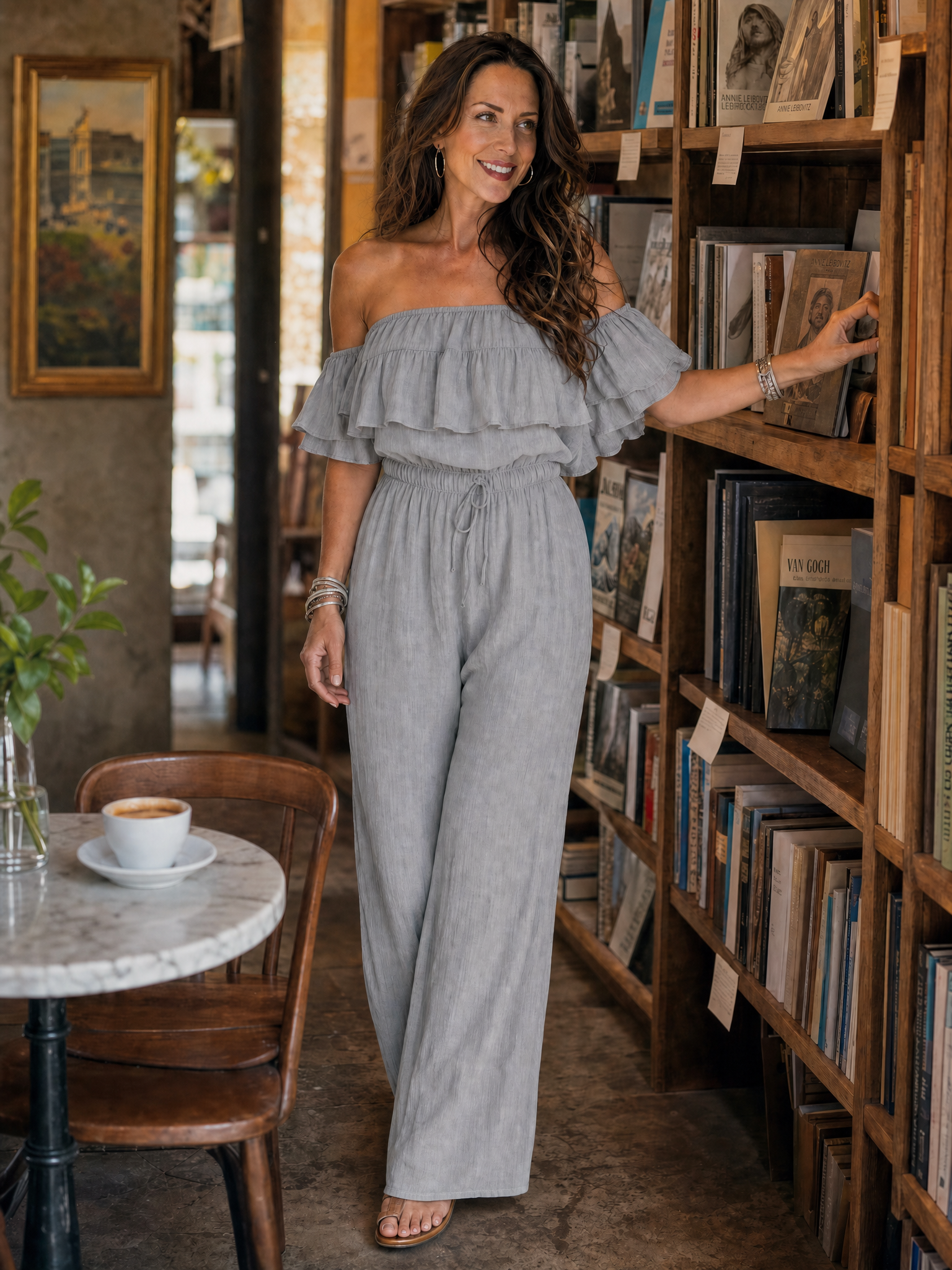 Bohemian style Gray Off the shoulder Wide leg Jumpsuit With Ruffled Details