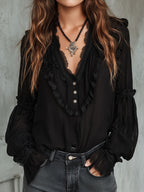 Vintage Black Ruffle Long Sleeve Blouse With Lace Trim