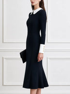 Contrast Peter Pan Collar Long Sleeve Fishtail Midi Dress
