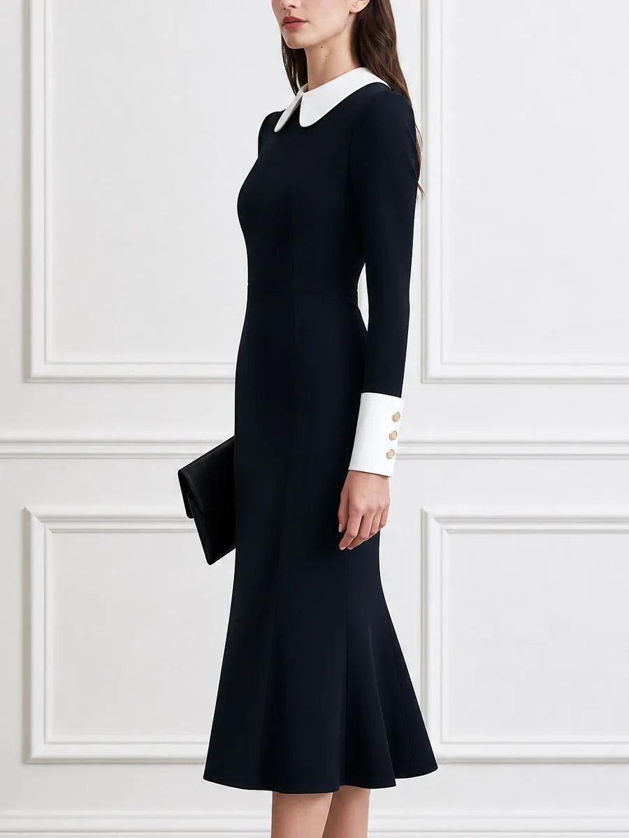 Contrast Peter Pan Collar Long Sleeve Fishtail Midi Dress