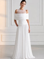Elegant Mesh Off-Shoulder Draped Maxi Evening Gown