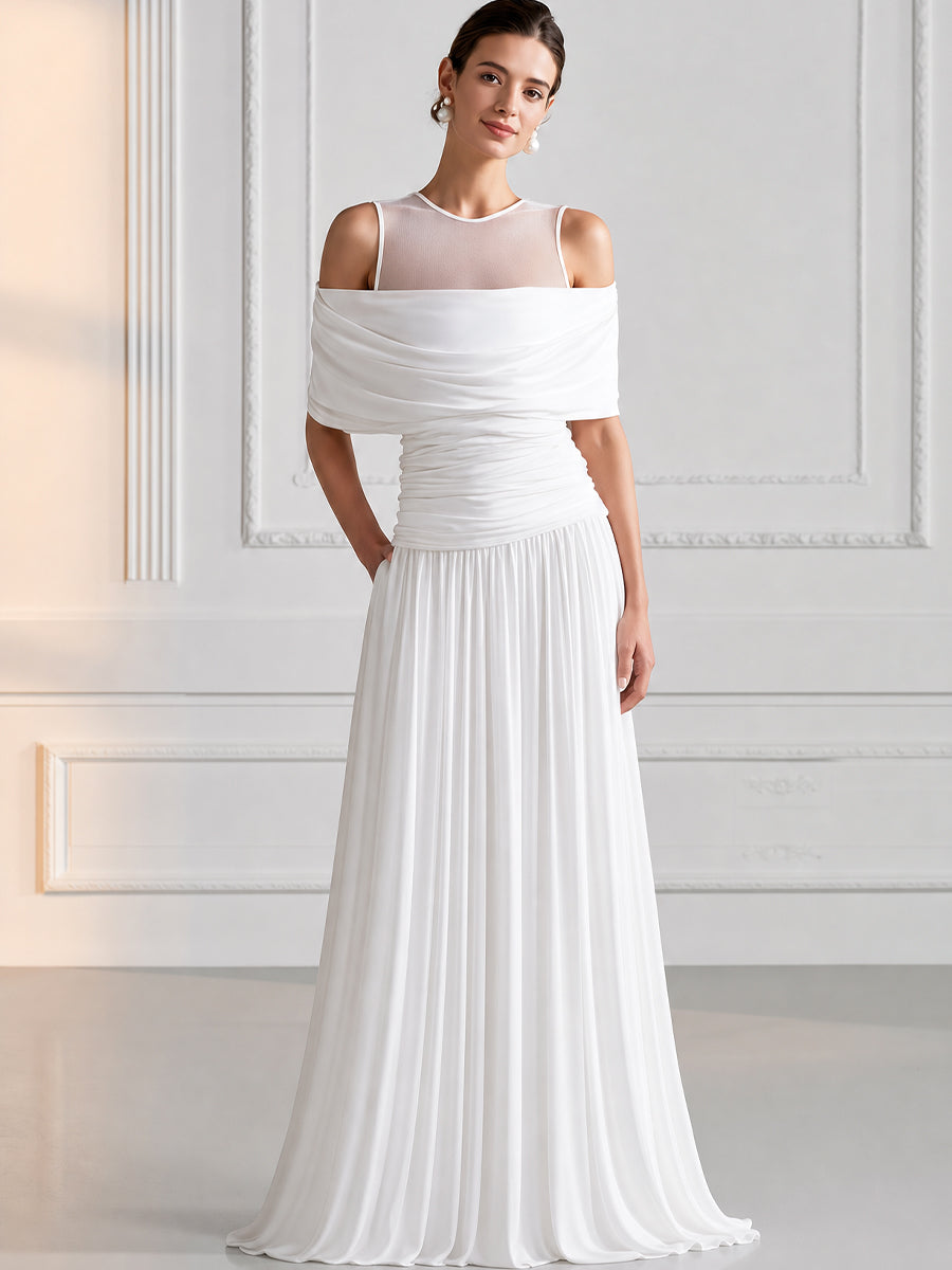 Elegant Mesh Off-Shoulder Draped Maxi Evening Gown