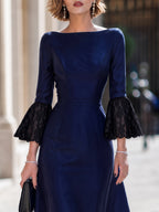 Lace-Trimmed Bell-Sleeve Structured Midi Dress