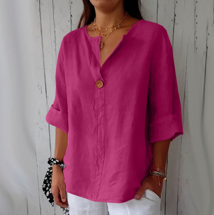 Solid Color Linen Blend Loose Blouse