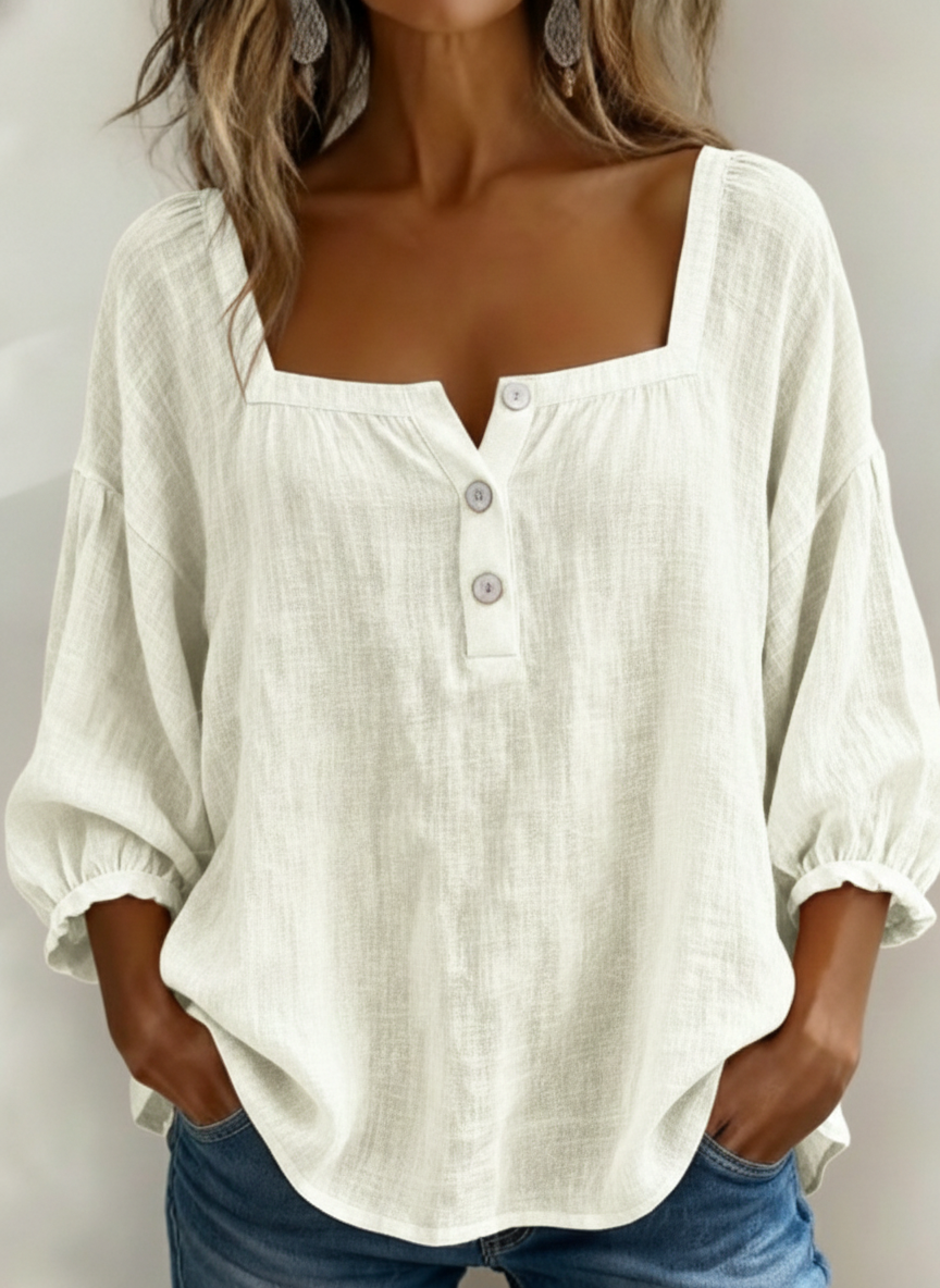 Women's Retro Casual Early Spring Square Collar Button Bubble Sleeve Cotton Shirt