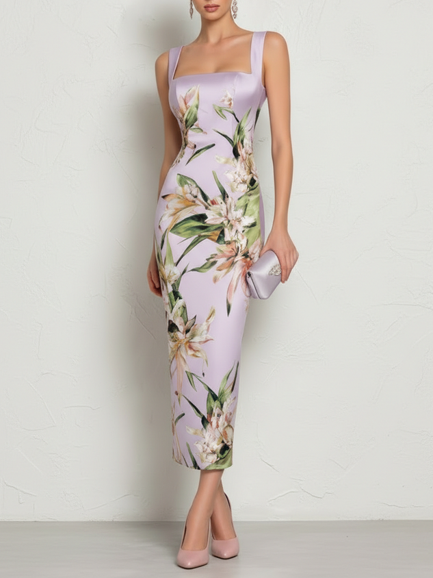 Pink Floral Satin Square Neck Sleeveless Sheath Midi Dress