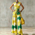 Elegant Abstract Print V-neck Sleeveless Shirt And Wide Leg Pants Two Piece Set