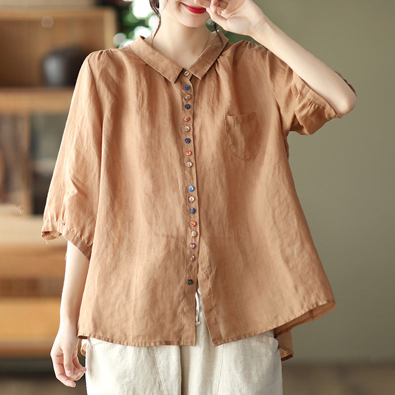 Vintage Colored Buttons Cotton Linen Solid Comfy Blouse