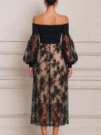 Black Lace Dress Fall Wedding Guest Dress Off Shoulder Tulle Midi Dress