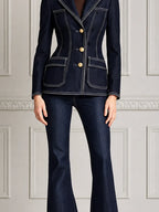 Navy Denim Preppy Fall Fashion Blazer & Flare Pants Set