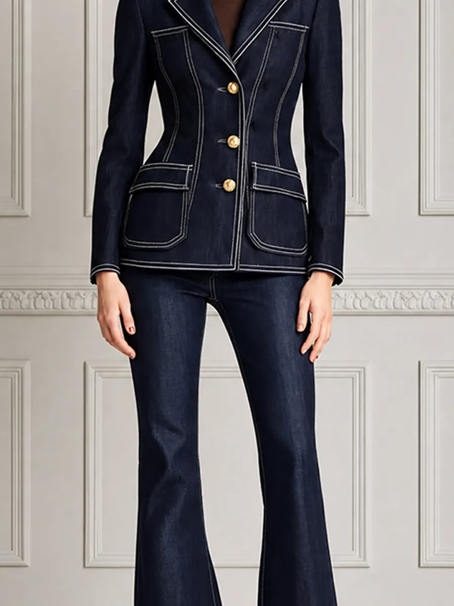 Navy Denim Preppy Fall Fashion Blazer & Flare Pants Set