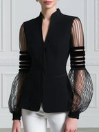 Stand Collar Sheer Striped Mesh Balloon Sleeve Tailored Blazer