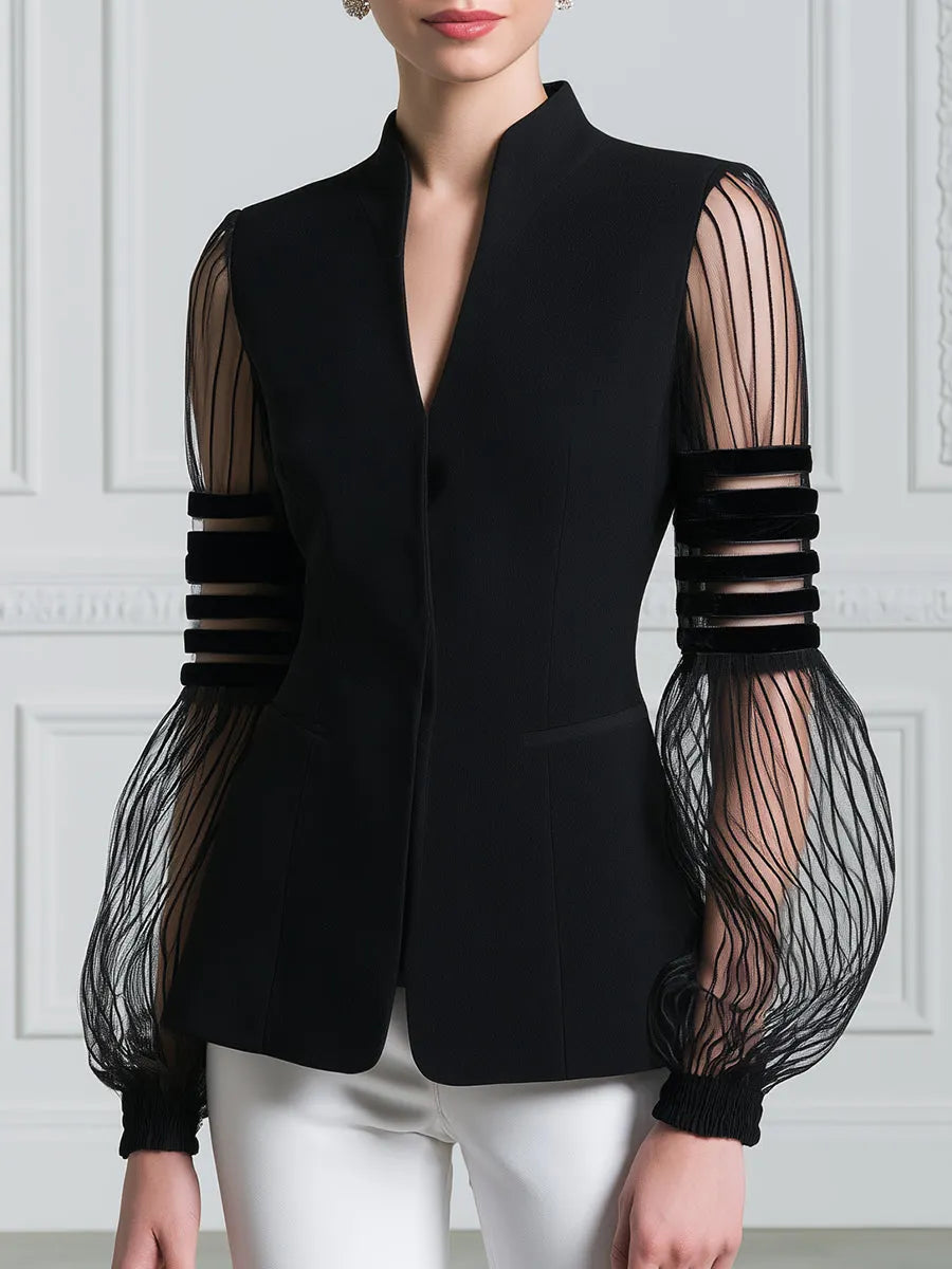 Stand Collar Sheer Striped Mesh Balloon Sleeve Tailored Blazer