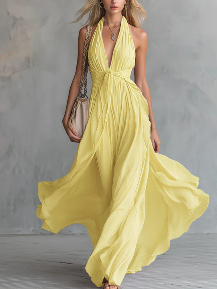 Elegant & Flowy V-neck Waist-tie Maxi Dress