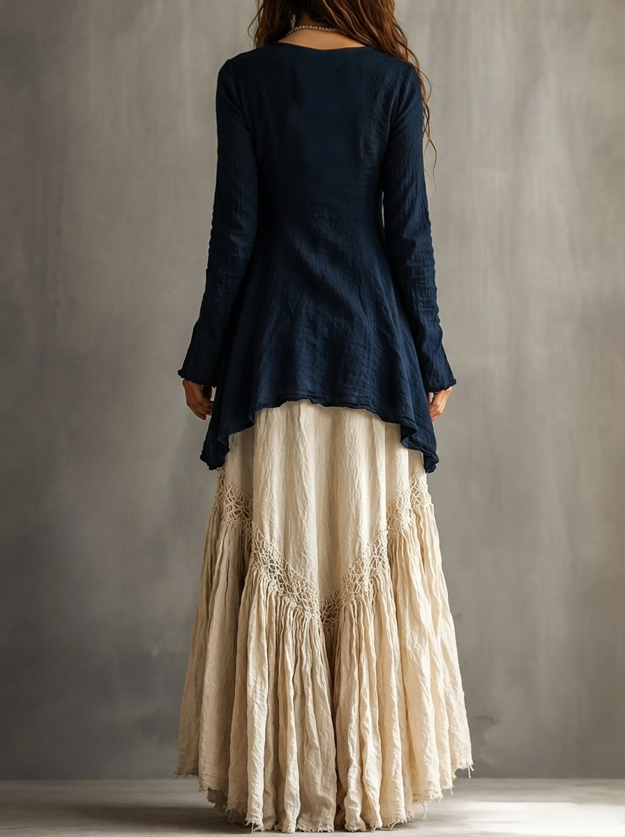 Boho Two Piece Outfit Irregular Long Sleeve Top Maxi Skirt Set