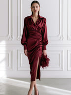 Wine Red Satin Wrap-Style Ruched Midi Dress with Long Puff Sleeves