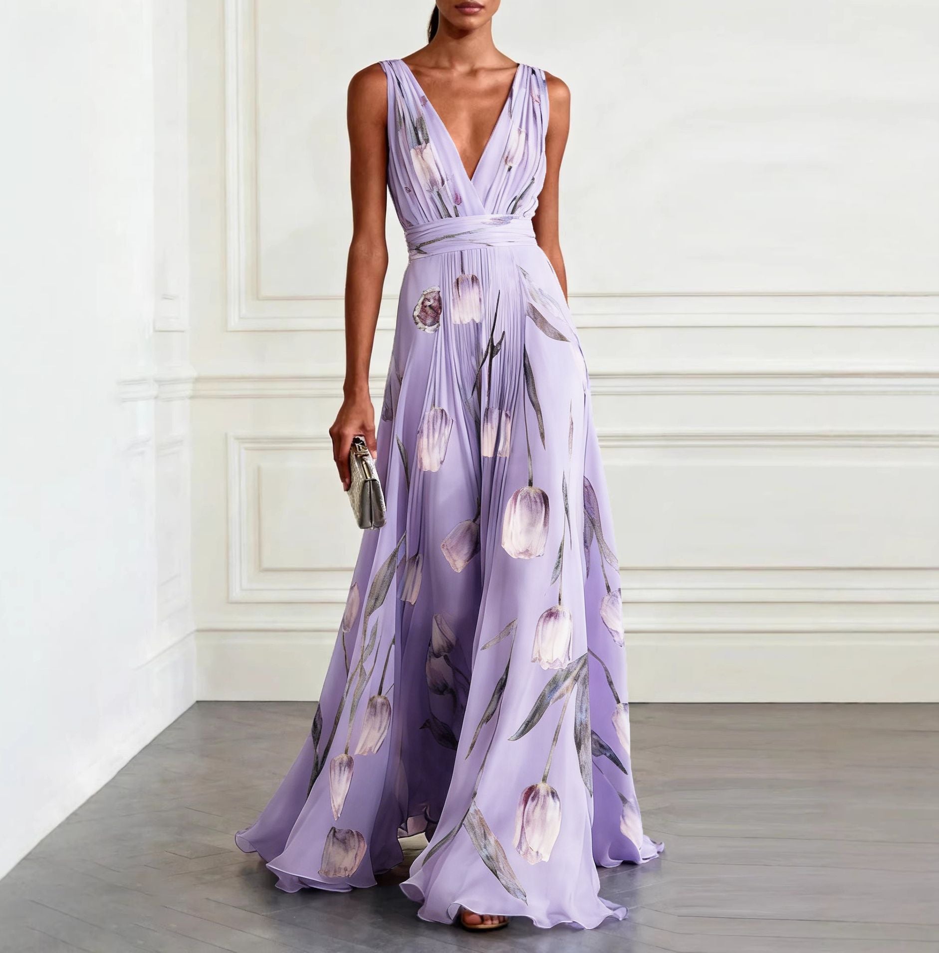 Elegant Tulip Print V-neck Maxi Dress