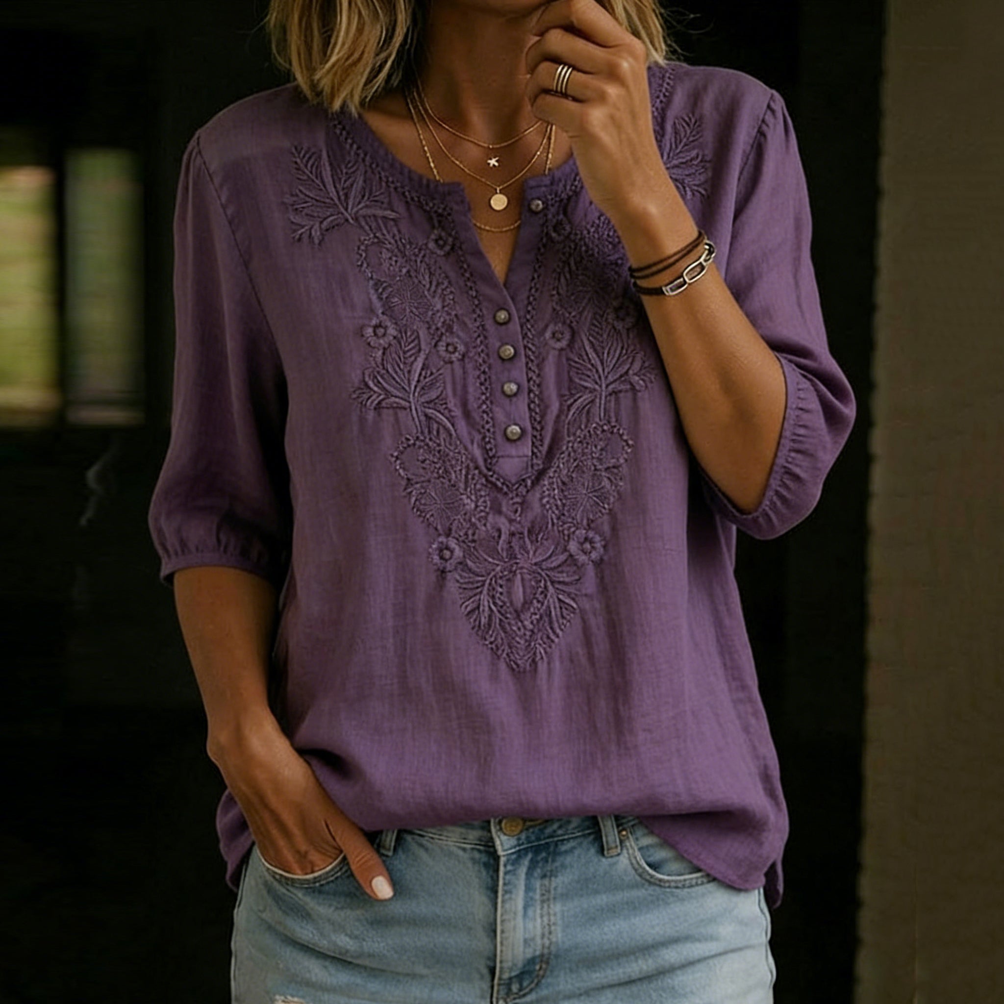 Women's Vintage Floral Embroidery Linen Shirt