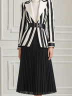 Black White Vertical Stripe Tailored Blazer & Pleated Midi Skirt Two-Piece Suit Set