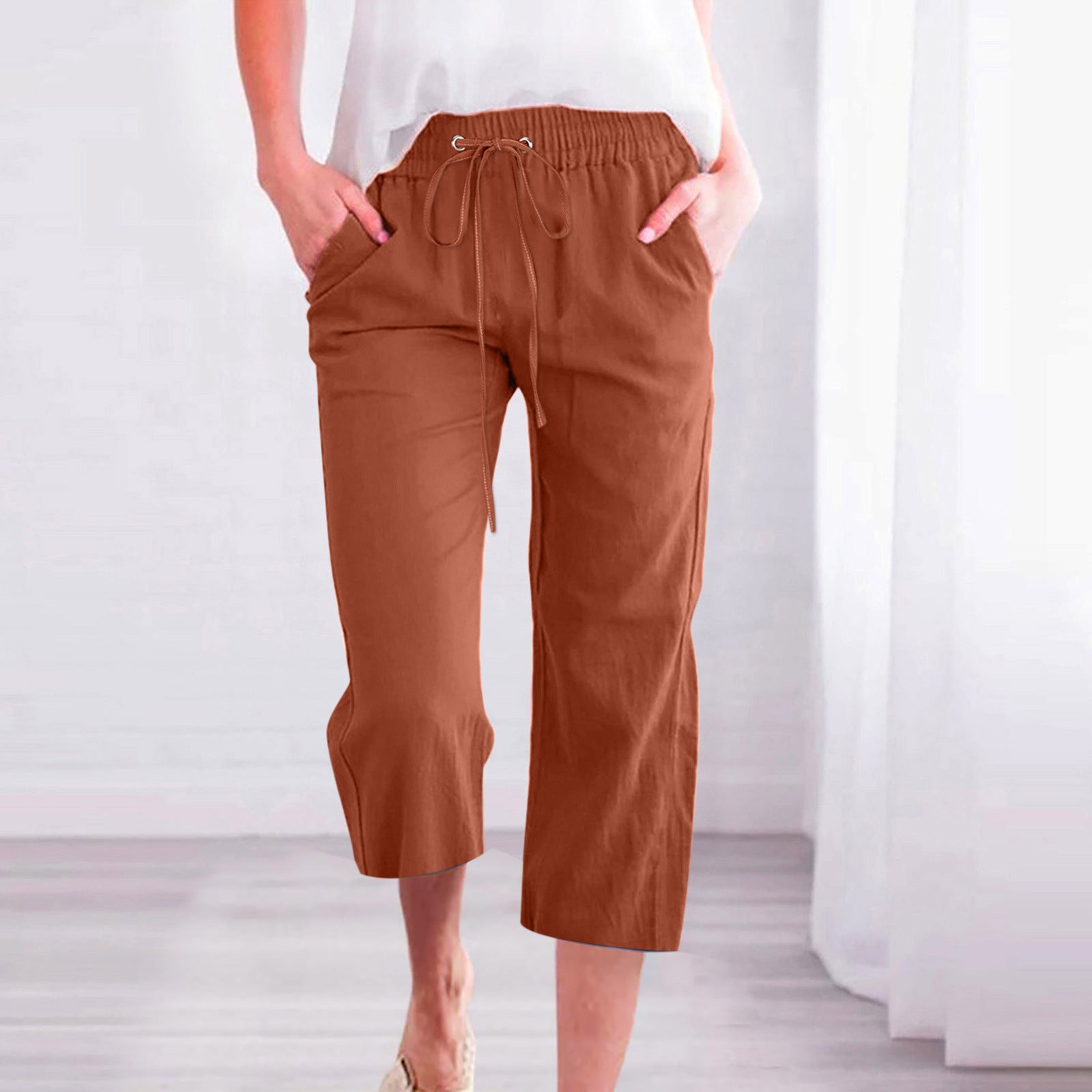 Women's Casual Summer Linen Pants High Waisted Loose Yoga Sweatpants Crop Pants with Pockets