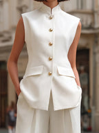 Minimalist Mandarin Collar Tailored Vest And Wide-Leg Trouser Set