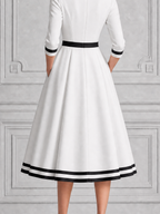 White Dress Contrast Trim Bow Belt A-Line Midi Dress